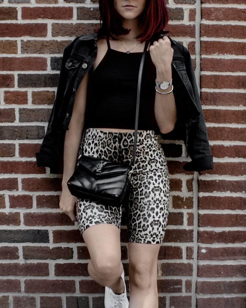 leopard bike shorts cropped denim jacket ysl bag and simple things