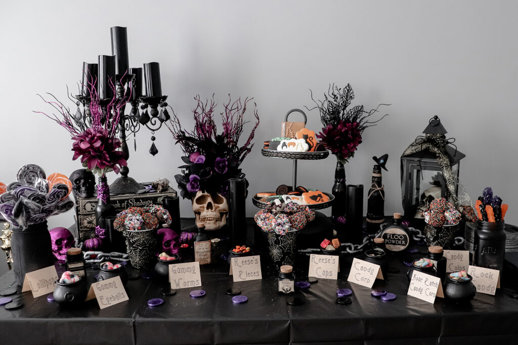 halloween party candy table witch skull candles