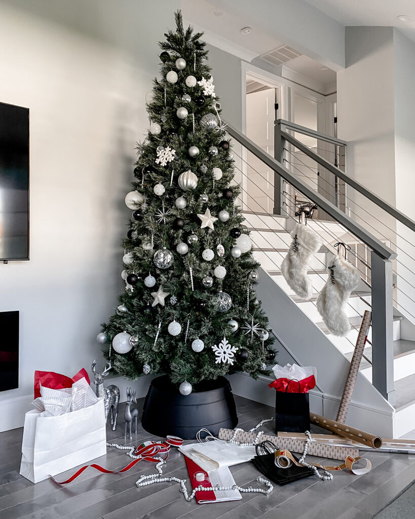 simple christmas wishlist tree black white ornaments presents
